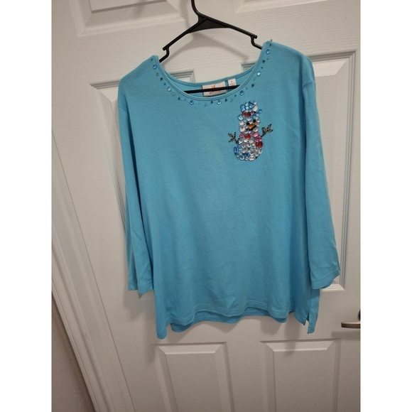 The Quaker Factory XL Turquoise Snowman Rhinestone Long Sleeve Festive Shirt - Picture 1 of 6